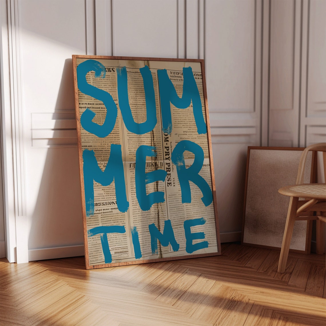 Summer Time Blue Typography Vintage Newspaper Beach Season Wall Art