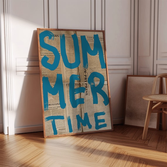 Summer Time Blue Typography Vintage Newspaper Beach Season Wall Art