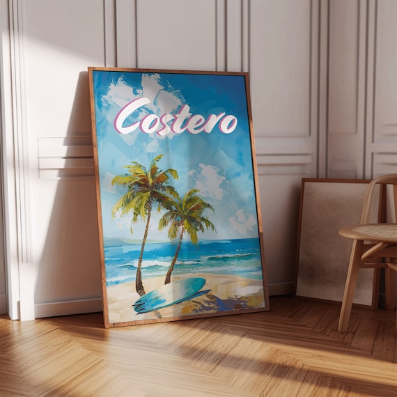 Costero Beach Palm Trees Surfboard Vintage Tropical Travel Poster