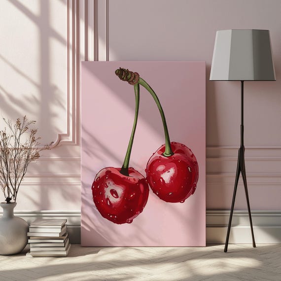 Cherry Canvas Art Print Retro Fruit Wall Vintage Kitchen Decor Red Oil Painting Farmhouse Dining Room