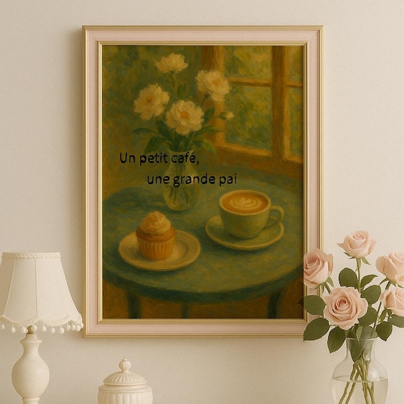 Cozy French Cafe Oil Painting Poster Coffee Cup Flowers Window Scene