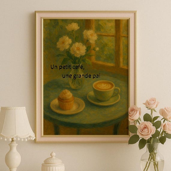 Pastel Coffee Art Print Cozy Cafe Scene Oil Painting Typography Kitchen Floral Brunch Decor Cupcake Latte Illustration