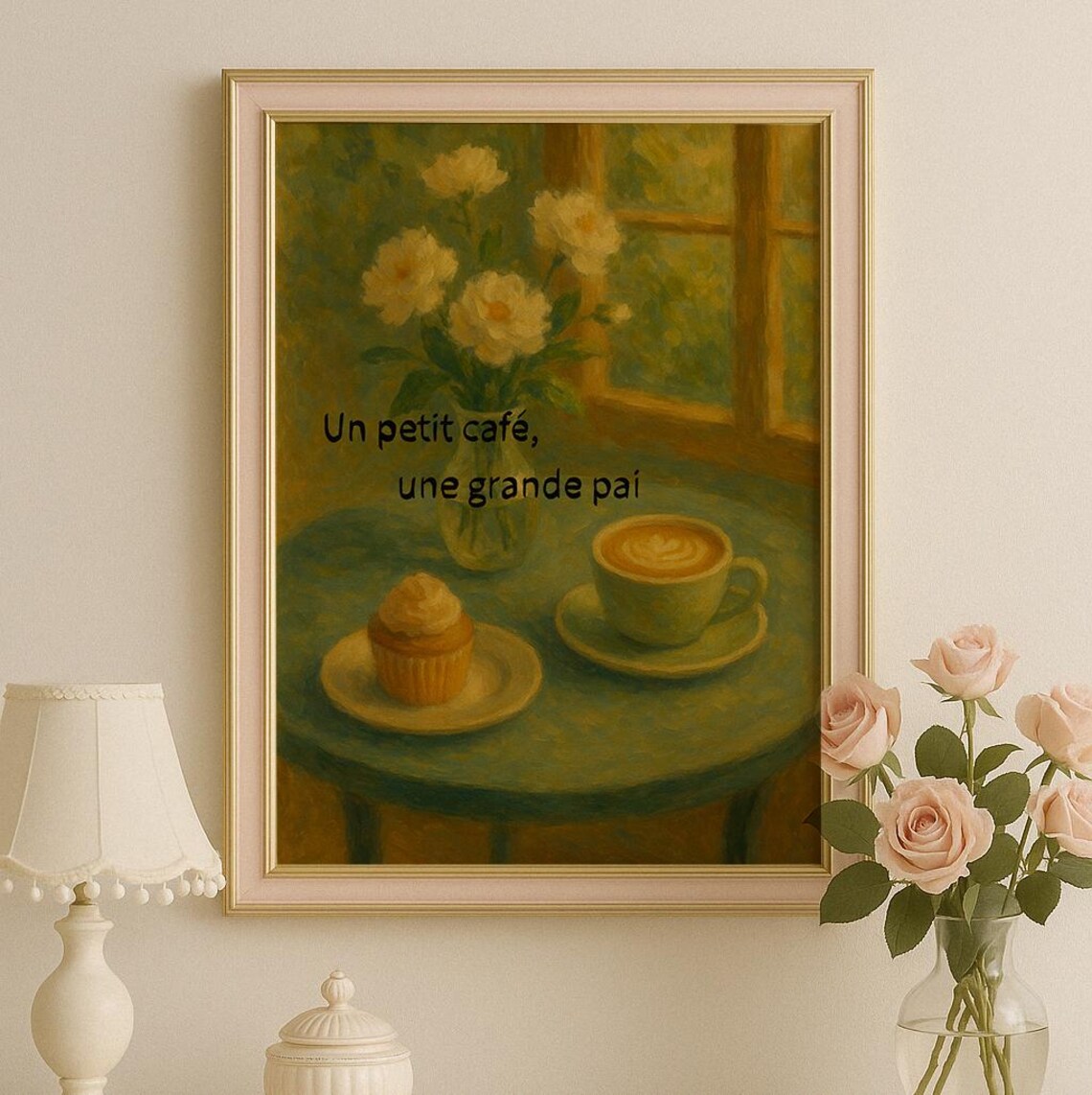 Cozy French Cafe Oil Painting Poster Coffee Cup Flowers Window Scene