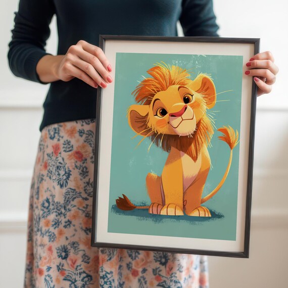 Happy Baby Lion Cub Portrait Playful Teal Background Kids Wall Art