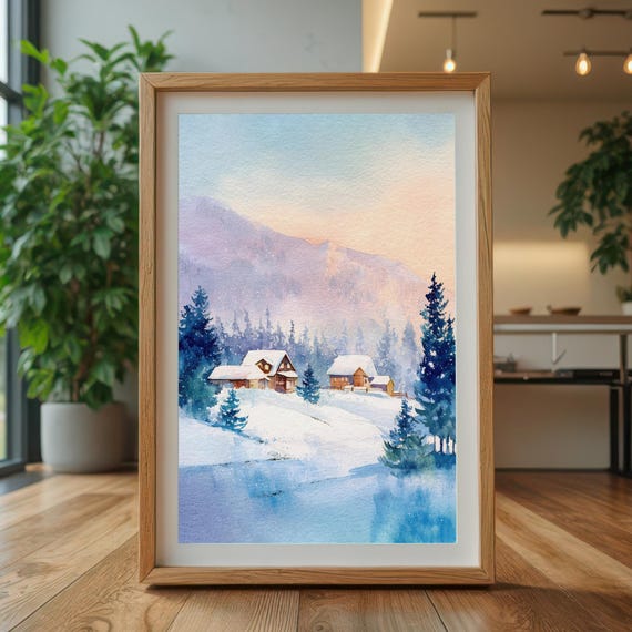 Cozy Winter Cabin Wall Art Snowy Mountain Landscape Watercolor Farmhouse Print For Holiday Rustic Decor
