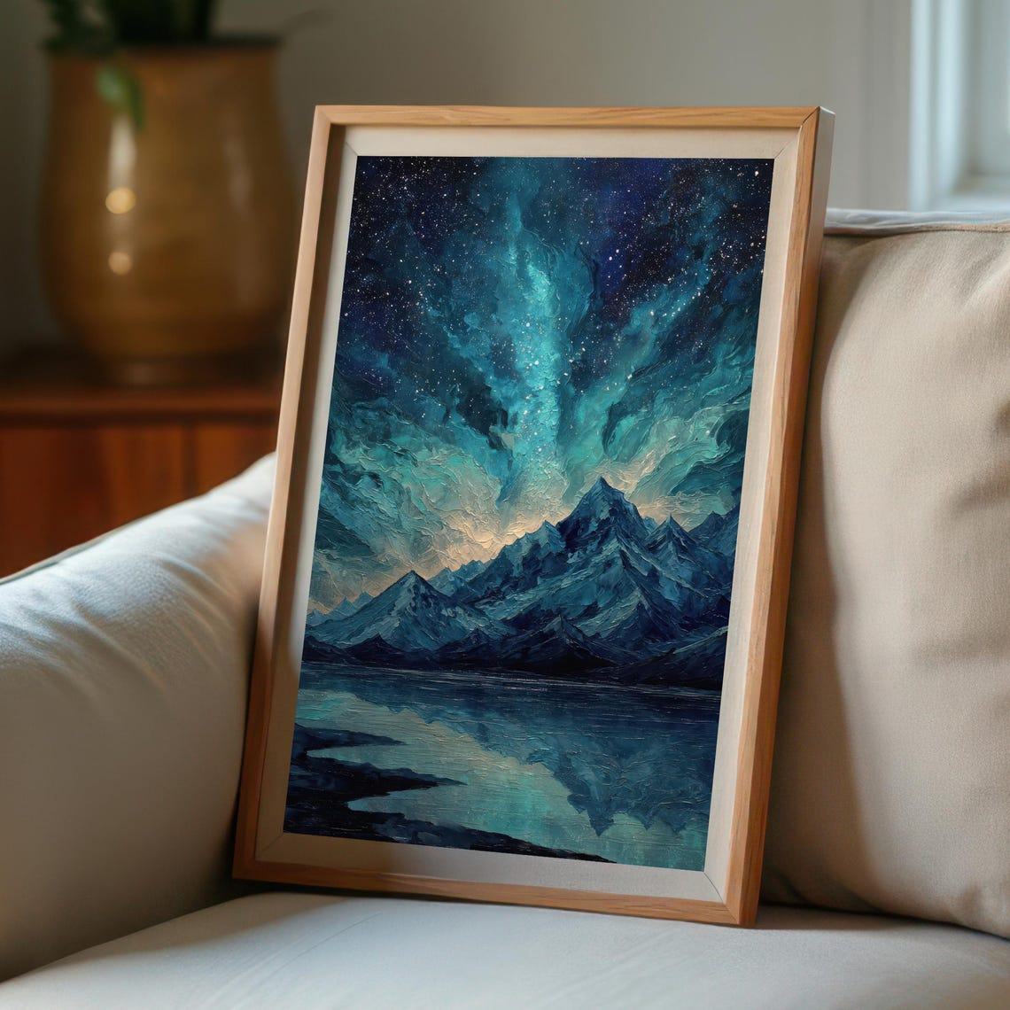 Celestial Mountain Lake Northern Lights Starry Night Sky Poster