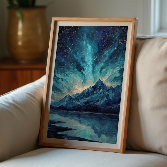 Celestial Mountain Lake Northern Lights Starry Night Sky Poster