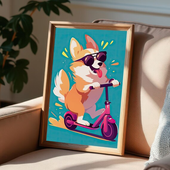 Cool Corgi On Scooter Art Print Funny Dog Wall Decor Sunglasses Pet Playful Home