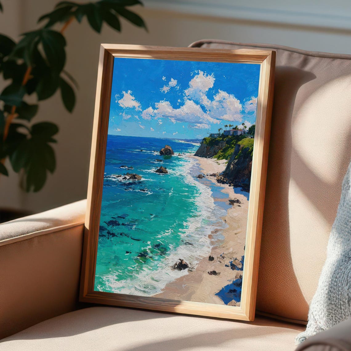 Azure Coastline Beach Cliffs Impressionist Summer Painting Poster