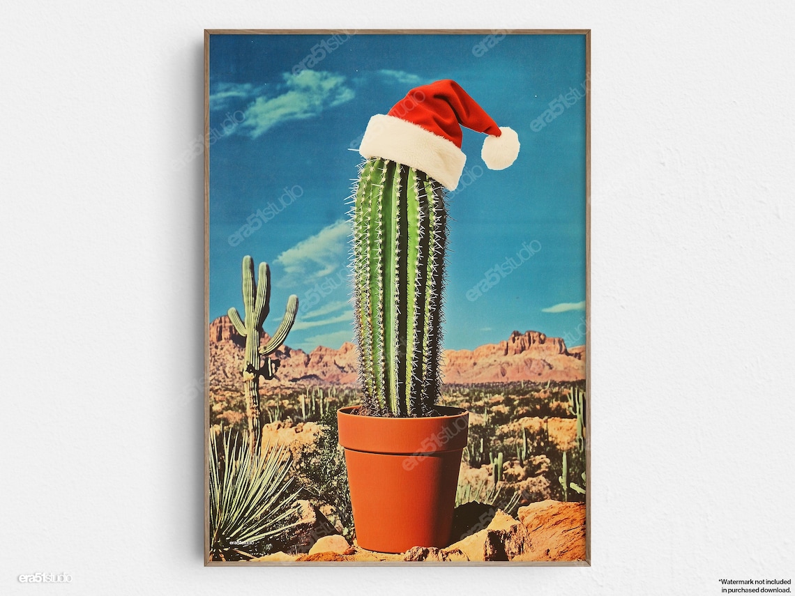 Cactus Wearing Santa Hat Desert Christmas Funny Vintage Photo Print