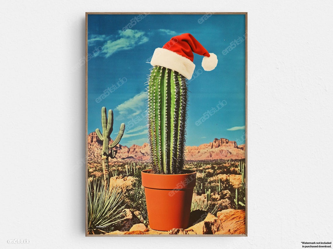 Santa Cactus Desert Scene Original Midcentury Modern Minimalist Wall Art