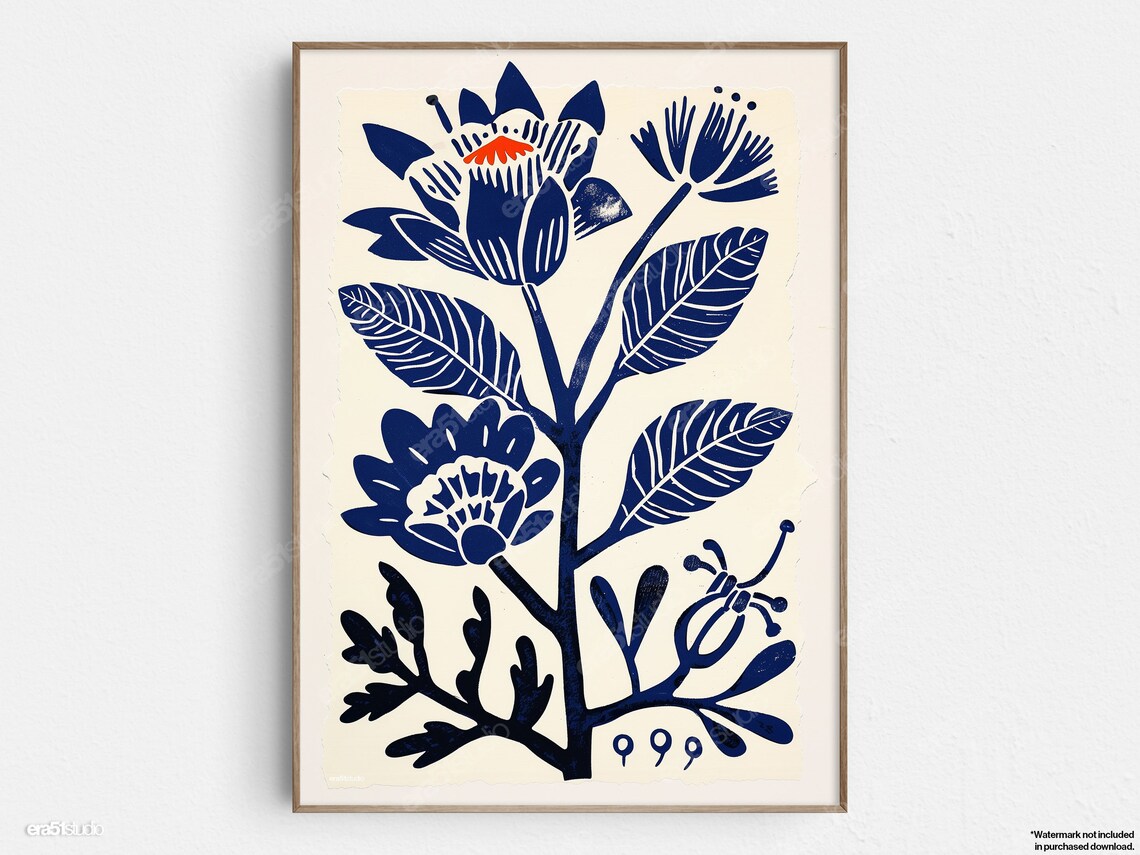 Elegant Floral Block Print, Midcentury Minimalist Art Print
