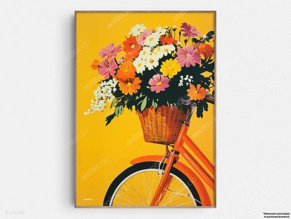 Colorful Bike Basket Florals, Midcentury Modern Art Print