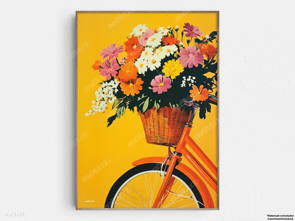 Colorful Bike Basket Florals, Midcentury Modern Art Print