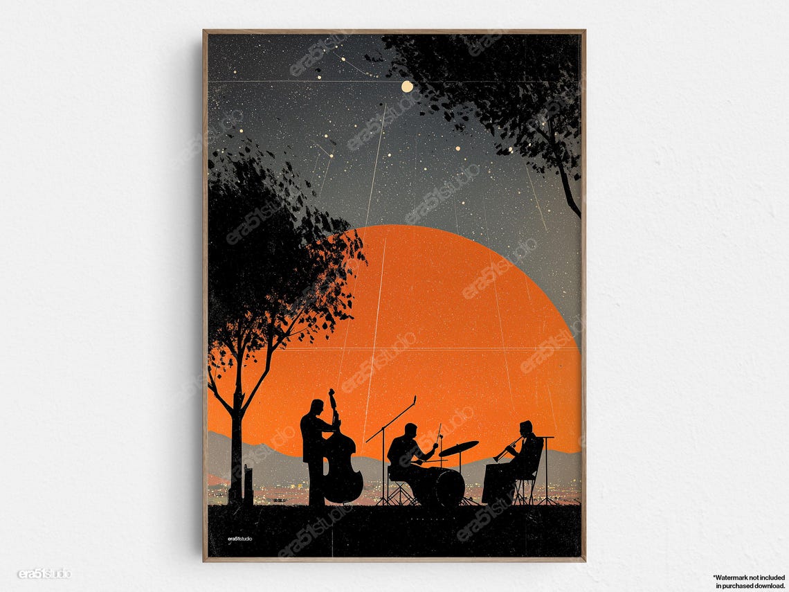 Jazz Quartet At Sunset Original Midcentury Modern Minimalist Wall Art