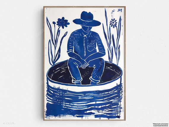 Cowboy Bath In Stock Tank, Mid-Century Modern Art Print
