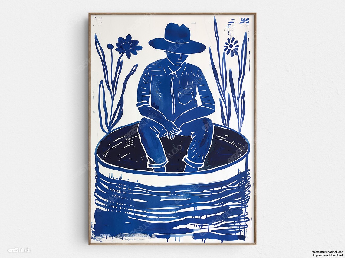Cowboy Bath In Stock Tank, Mid-Century Modern Art Print