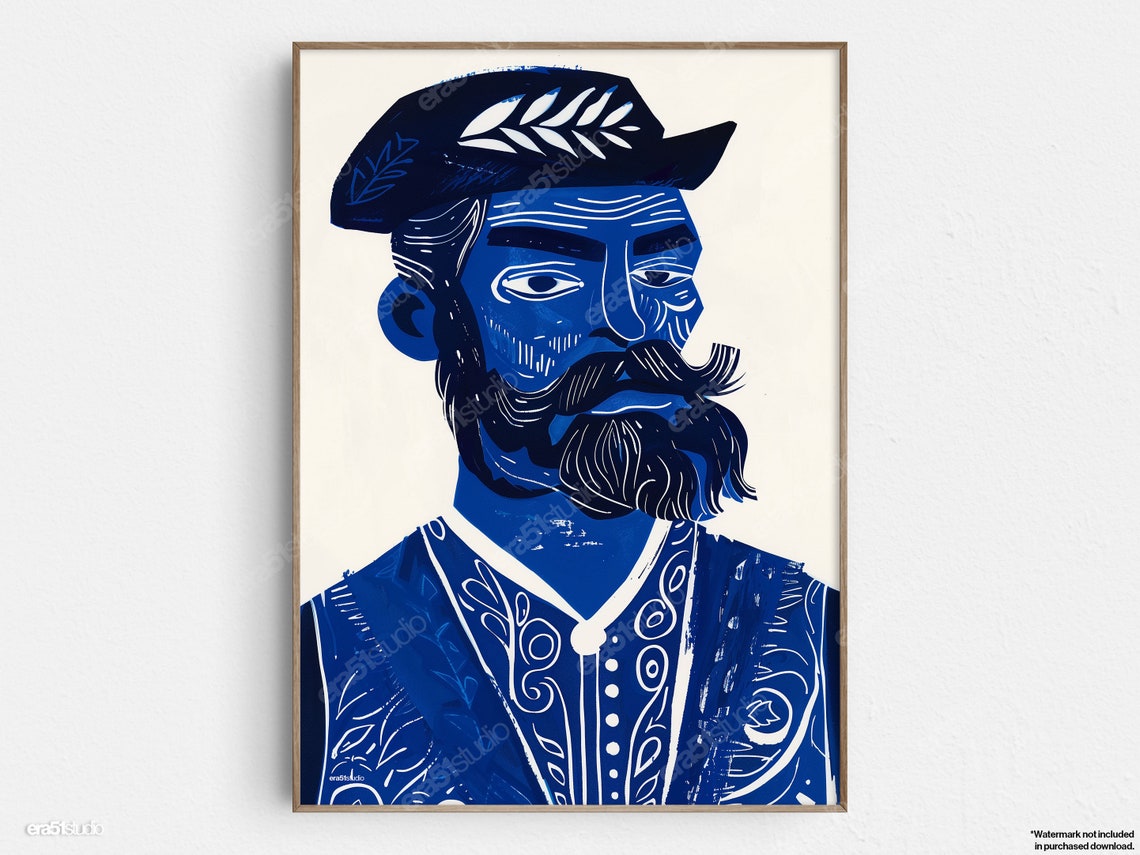 Blue Handsome Cowpoke Blockprint Original Midcentury Modern Minimalist Wall Art