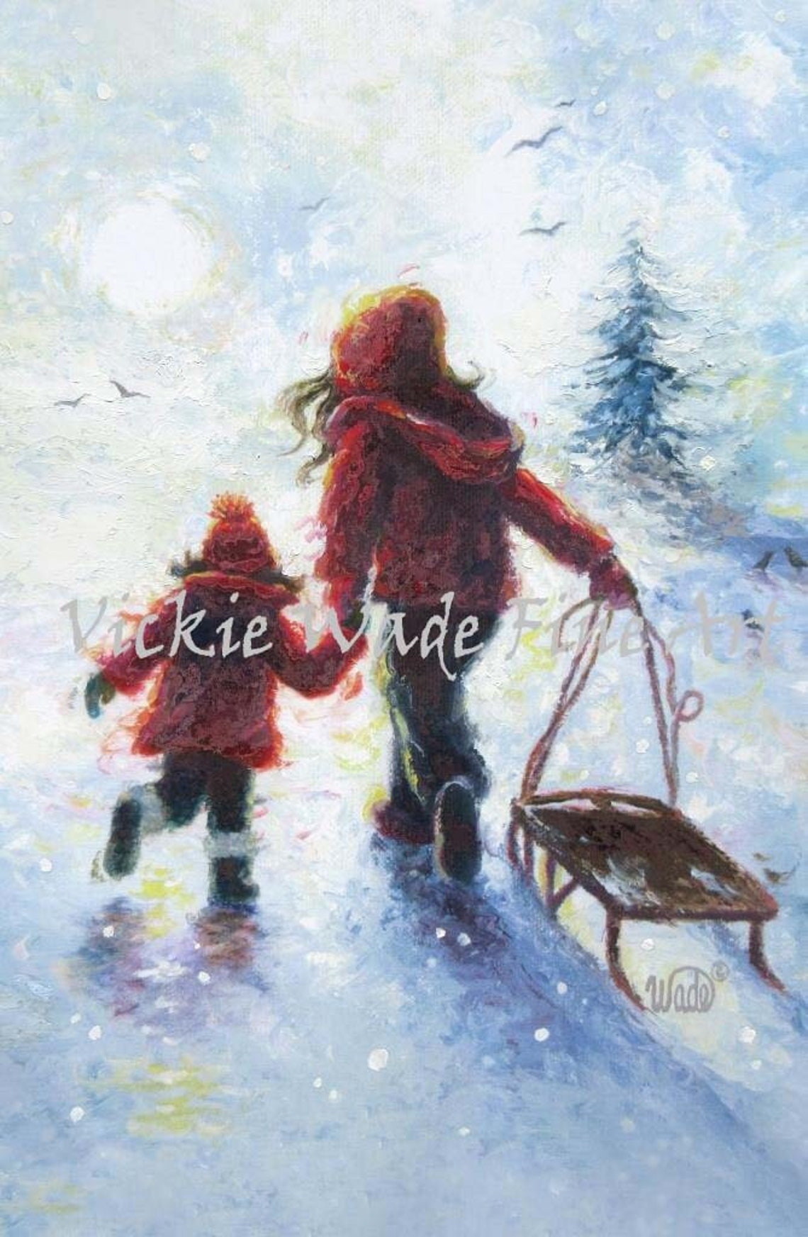 Two Sisters in Red Coats Walking with a Sled Through the Snow Poster