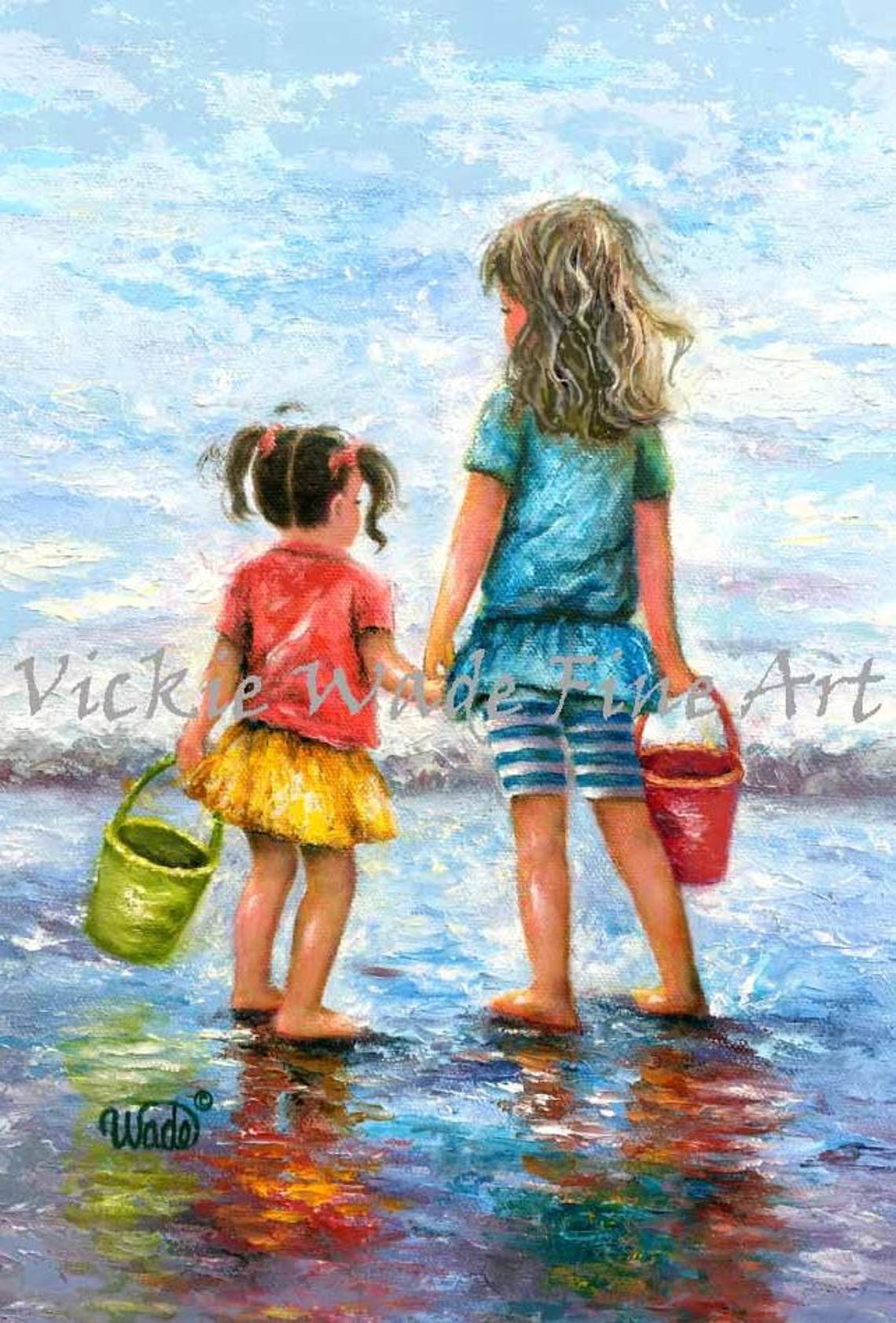 Two Little Sisters Holding Hands on the Beach With Buckets Poster - Image 2