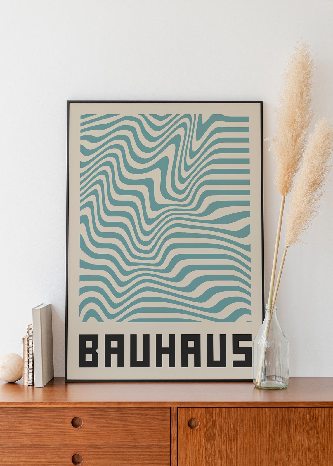 Bauhaus Teal Wavy Lines Optical Retro Abstract Mid Century Art Poster - Image 2