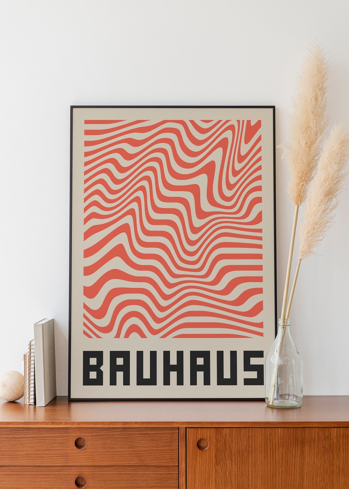 Bold Bauhaus Red Wavy Lines Mid Century Modern Abstract Poster - Image 3