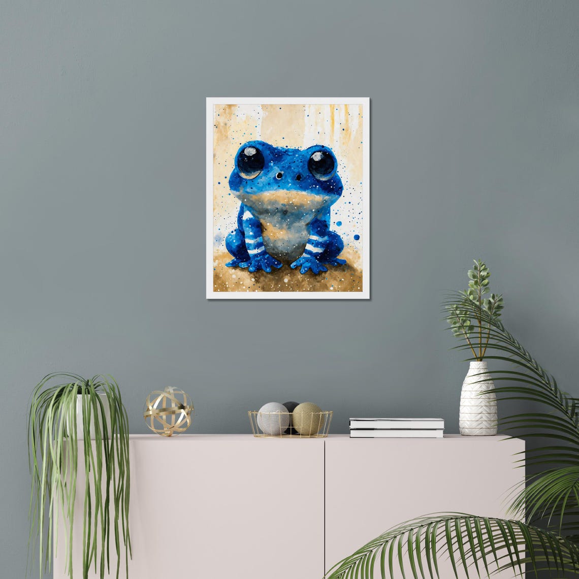 Cute Blue Frog Big Eyes Watercolor Portrait Splash Background Poster - Image 3
