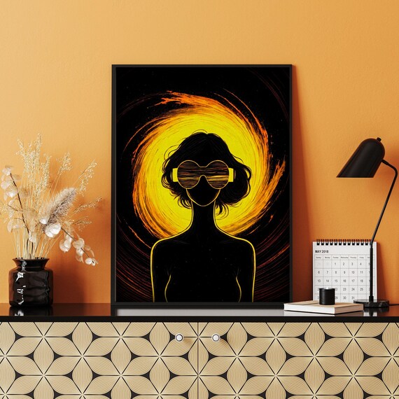 Abstract Flaming Woman Silhouette Sunglasses Yellow Vortex Art Print