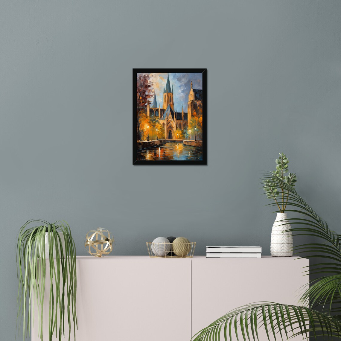 Gothic Cathedral By Canal Evening Lamps Water Reflection Old Town Poster - Image 2