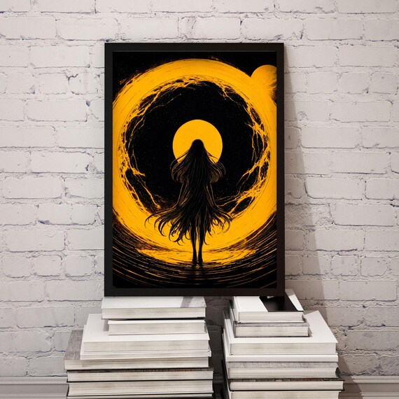 Mystical Woman Silhouette Walking Through Golden Sun Portal Cosmic Wall Art