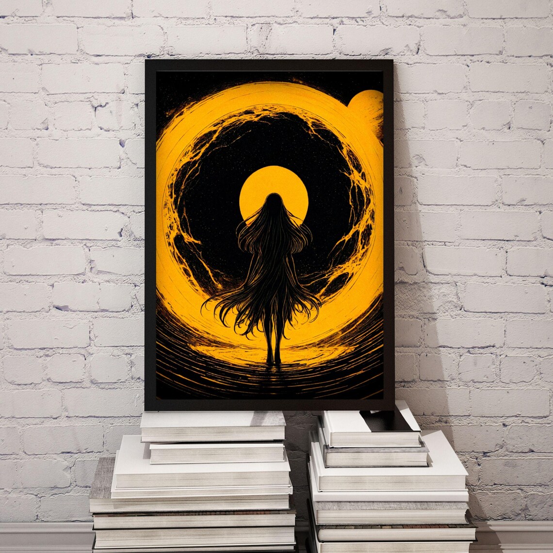 Mystical Woman Silhouette Walking Through Golden Sun Portal Cosmic Wall Art