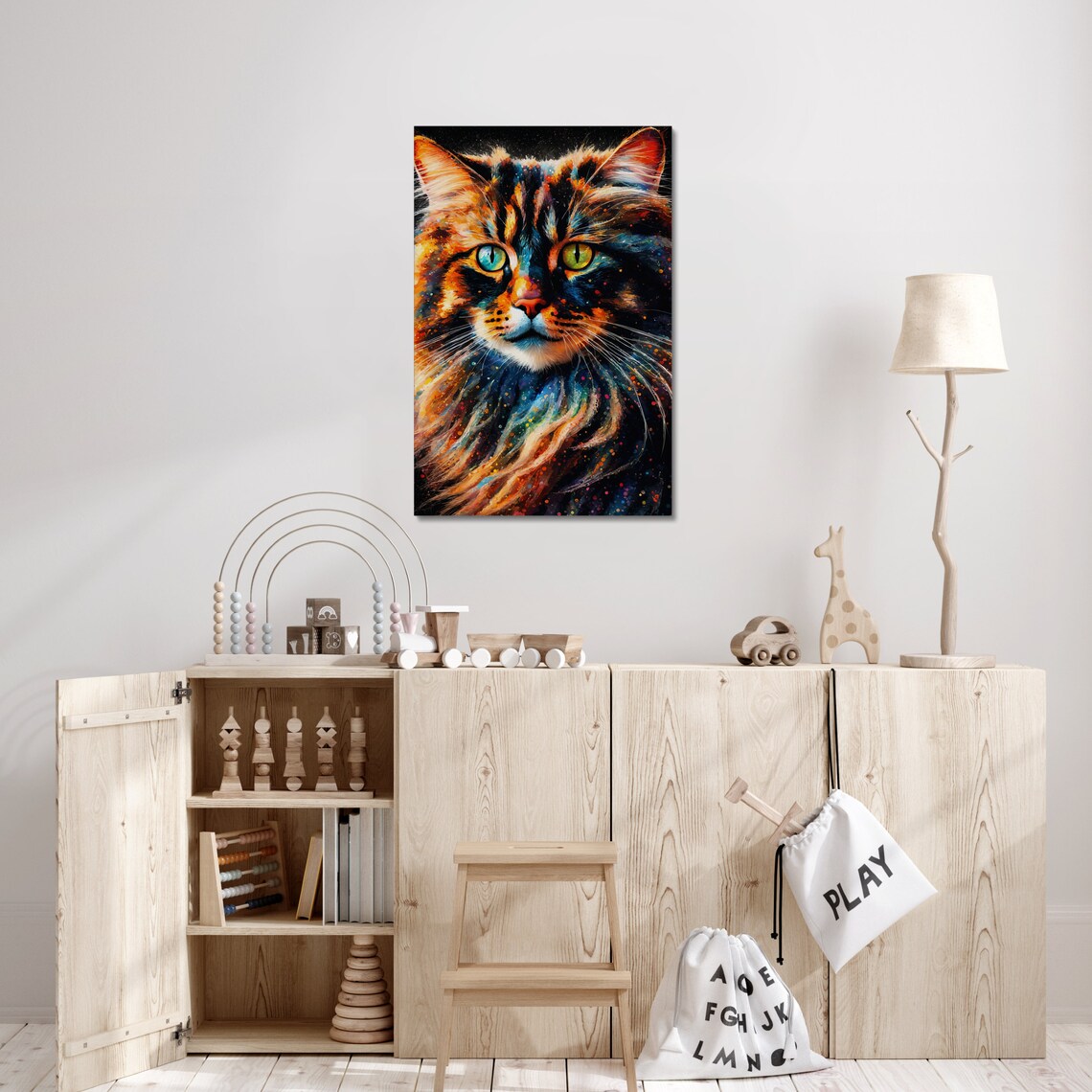 Fluffy Long Hair Cat Glowing Green Eyes Watercolor Rainbow Art Poster - Image 2