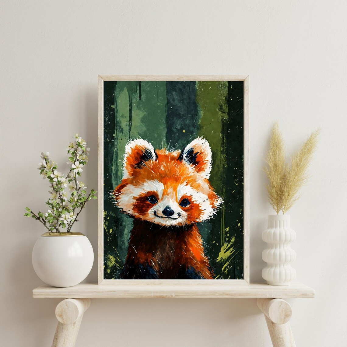 Cute Baby Red Panda Watercolor Portrait Green Forest Nursery Art Print - Image 3