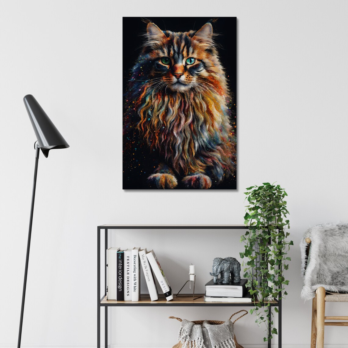 Long Hair Cat Portrait Green Eyes Watercolor Speckle Dark Background Poster - Image 2
