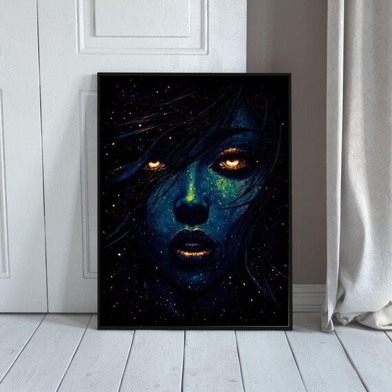 Celestial Blue Galaxy Woman Portrait With Glowing Amber Eyes Cosmic Art