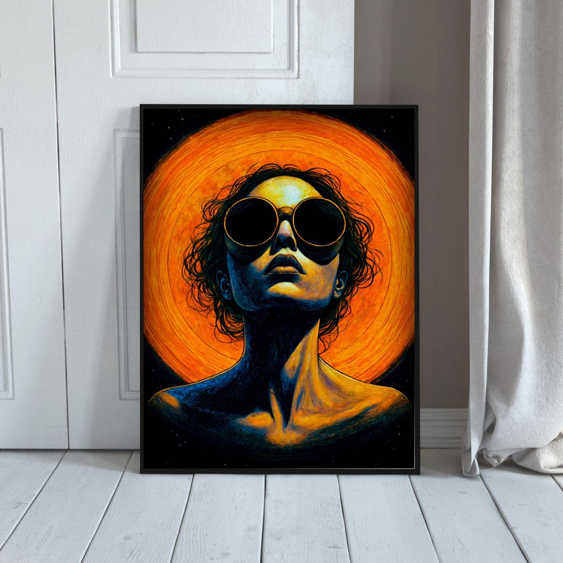 Steampunk Gothic Female Portrait Orange Cosmic Sun Halo Wall Art Print