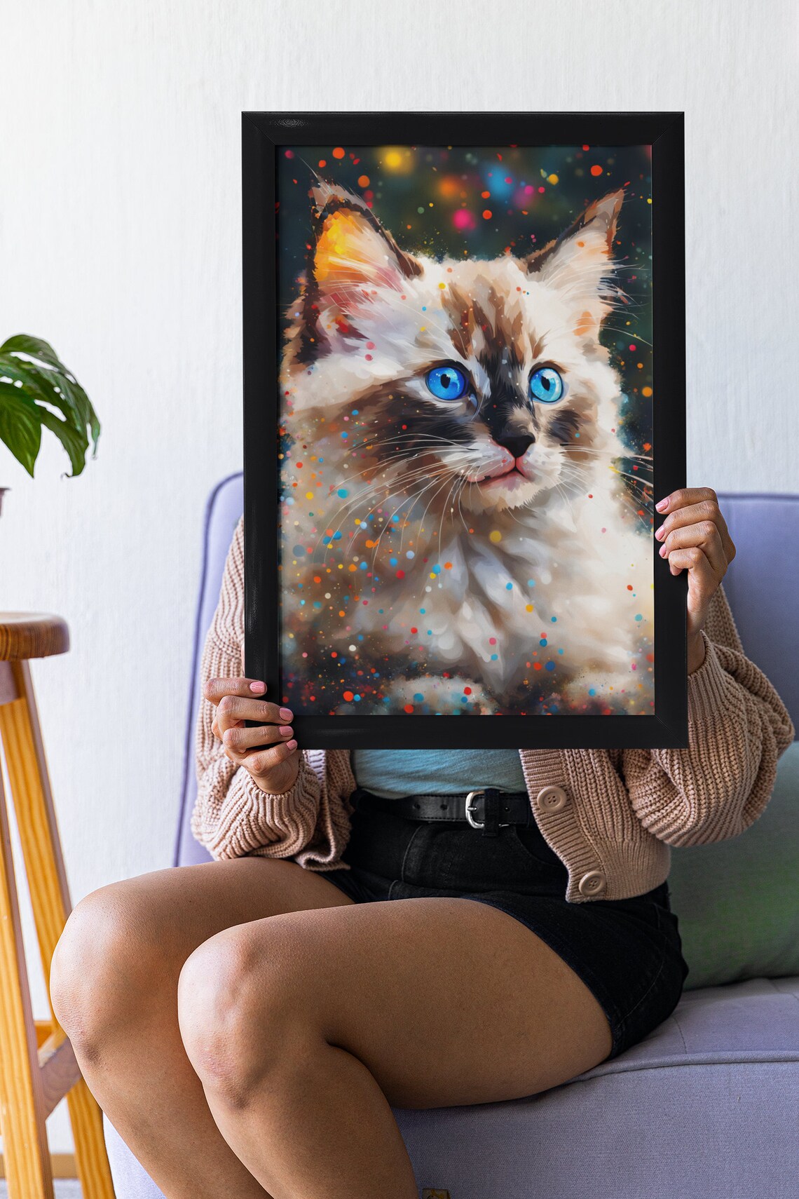 Fluffy Kitten Portrait Striking Blue Eyes Colorful Dots Cute Wall Print - Image 3