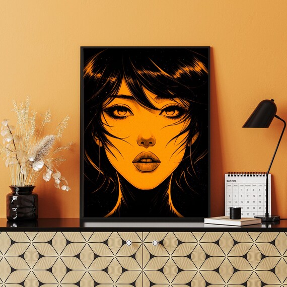 Dramatic Illustrated Girl Portrait Art Print Orange Black Manga Style Modern Wall Art Unique Gift Idea Contemporary Art 8x10 24x36