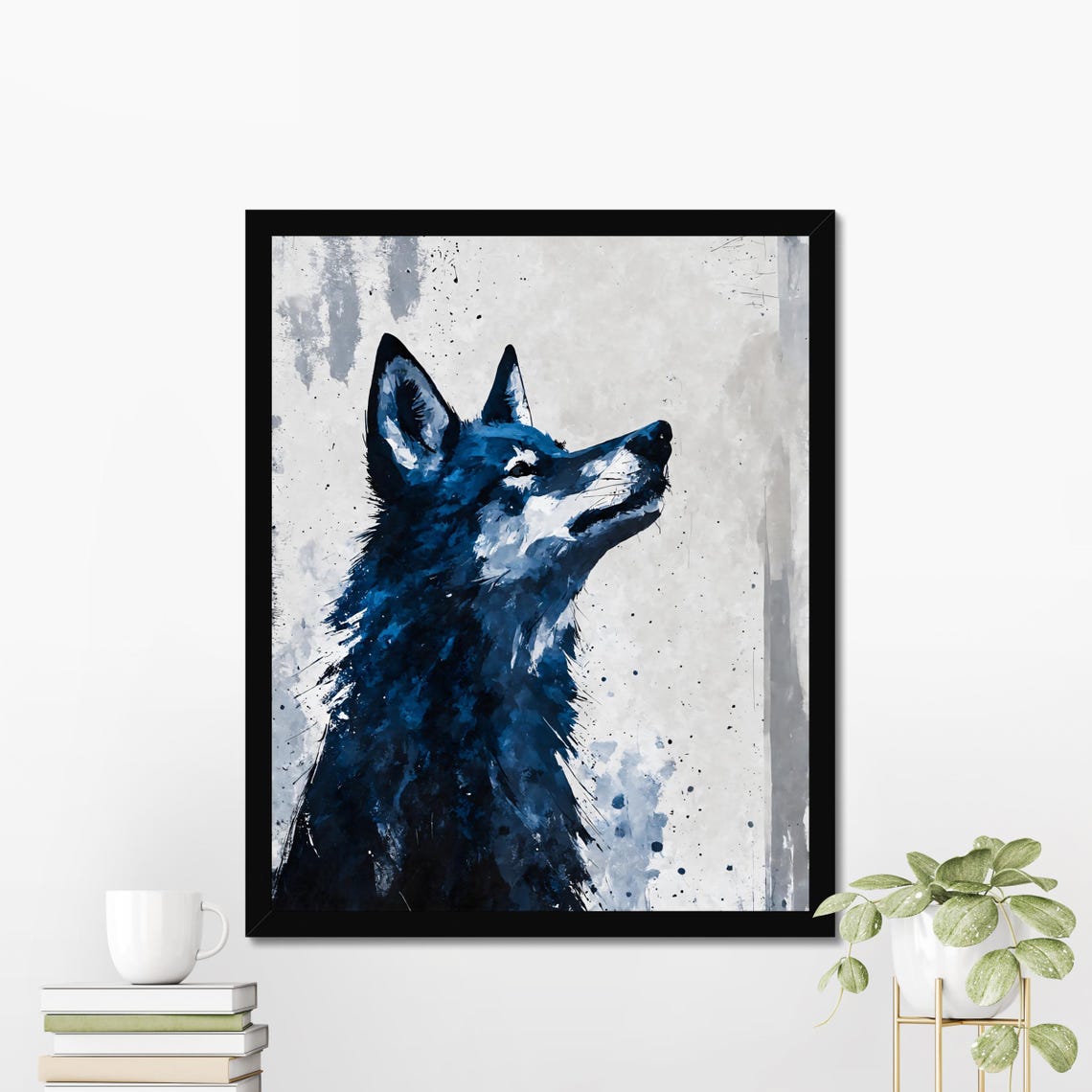 Blue Wolf Howling Profile Watercolor Portrait Wildlife Animal Poster