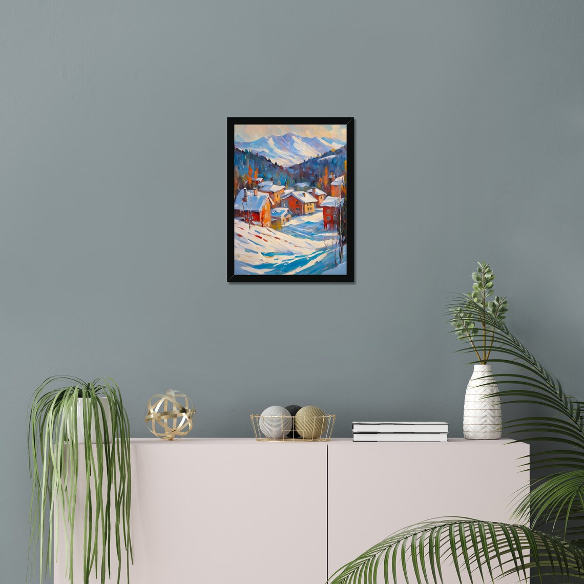 Snowy Landscape Painting Print Winter Village Art Mountain Scene Home Decor Christmas Wall Art Oil Painting Print Modern Home Decor - Image 2