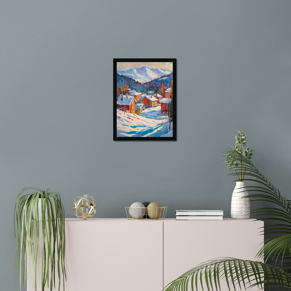 Snowy Mountain Village Chalets Winter Snow Scene Holiday Art Poster - Image 2