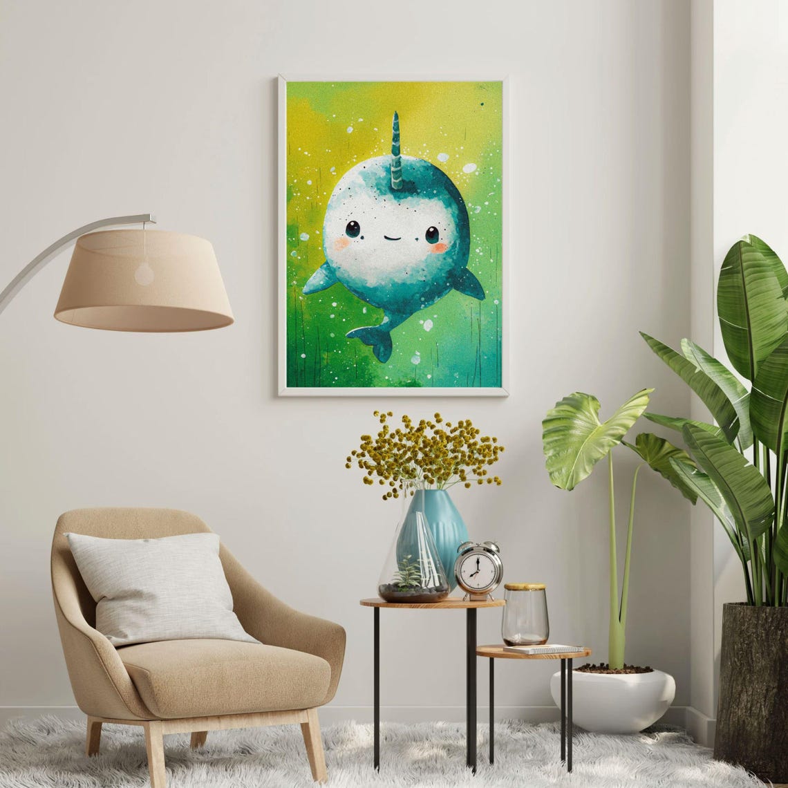 Smiling Baby Narwhal Teal Splatter Ocean Animal Nursery Wall Art - Image 2