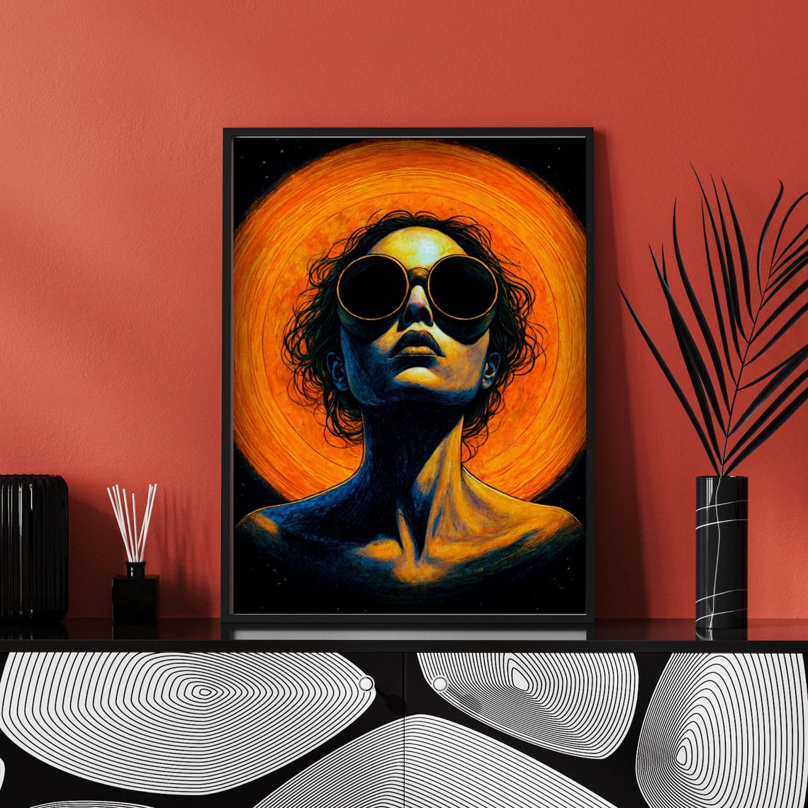 Steampunk Gothic Female Portrait Orange Cosmic Sun Halo Wall Art Print - Image 2