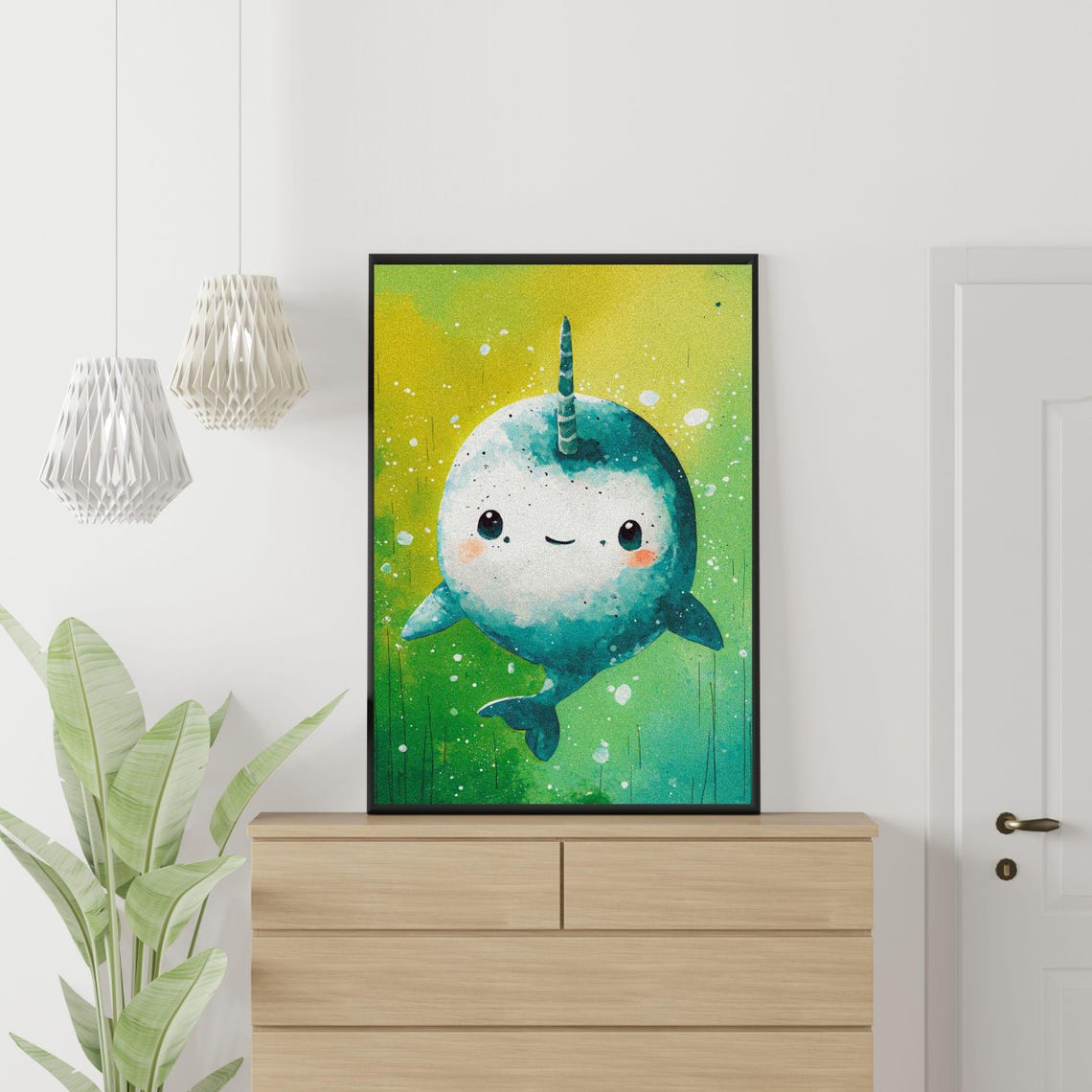 Smiling Baby Narwhal Teal Splatter Ocean Animal Nursery Wall Art - Image 5