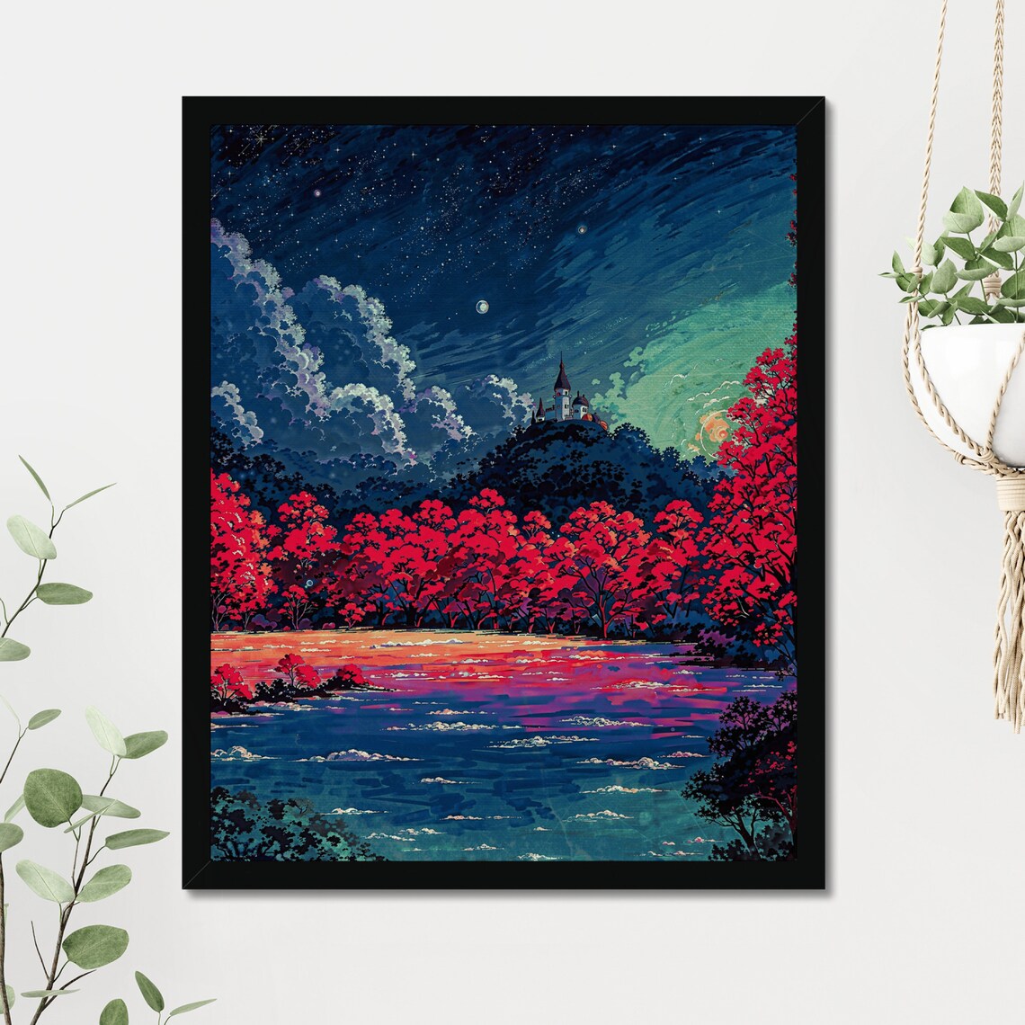 Fantasy Castle Red Autumn Trees Glowing Lake Starry Night Dreamscape Poster