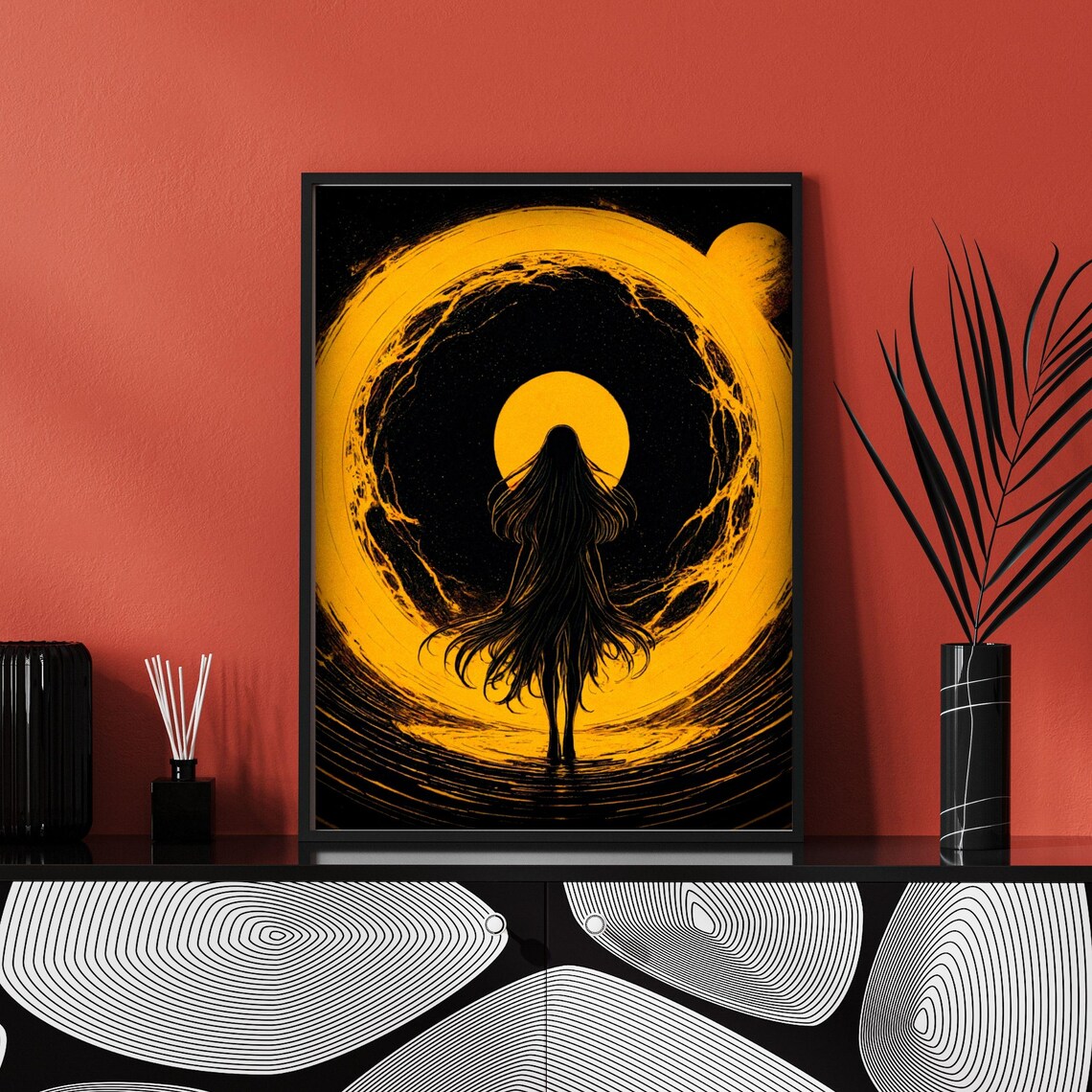 Mystical Woman Silhouette Walking Through Golden Sun Portal Cosmic Wall Art - Image 3