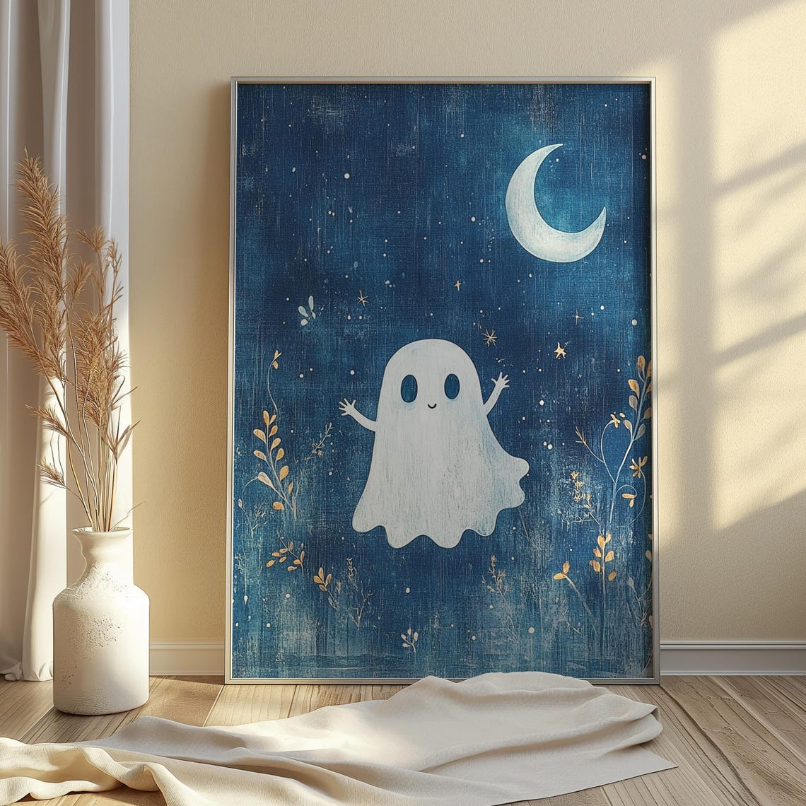 Cute Ghost Under Crescent Moon Navy Night Sky Halloween Poster