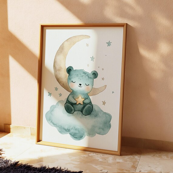 Watercolor Starry Bear Holding Star Moon Nursery Kids Room Celestial Art Poster
