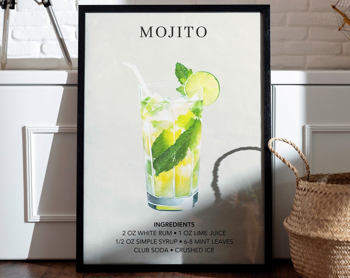 Mojito Cocktail Poster, Retro Mixology Wall Art