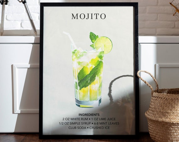 Mojito Cocktail Poster, Retro Mixology Wall Art